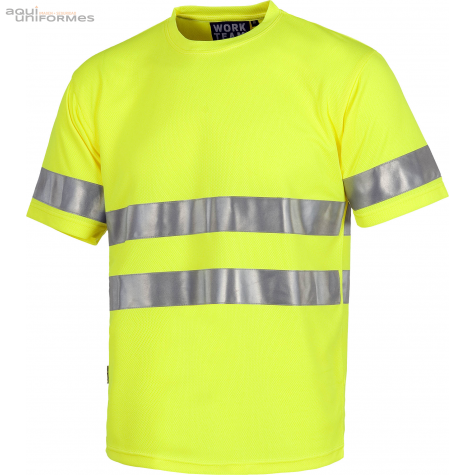 Camiseta manga corta alta visibilidad amarilla, 2 bandas reflectantes. Ref:C3945