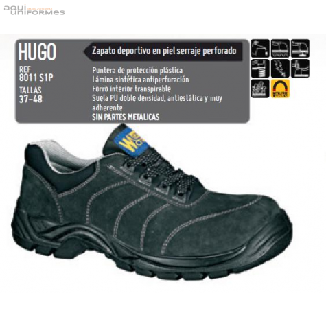 Zapato deportivo en piel serraje 1ª calidad BS8011 S1P, col.negro Ref:HUGO MF