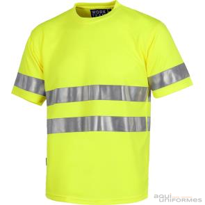 Camiseta manga corta alta visibilidad amarilla, 2 bandas reflectantes. Ref:C3945